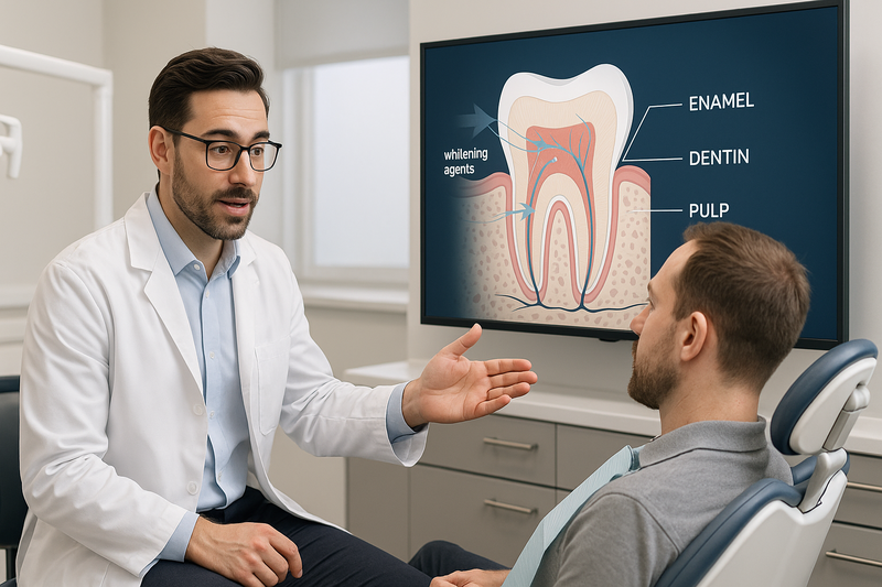 Dentist explains tooth anatomy and how best whitening for sensitive teeth works, showing peroxide agents penetrating enamel to reach dentin and pulp.