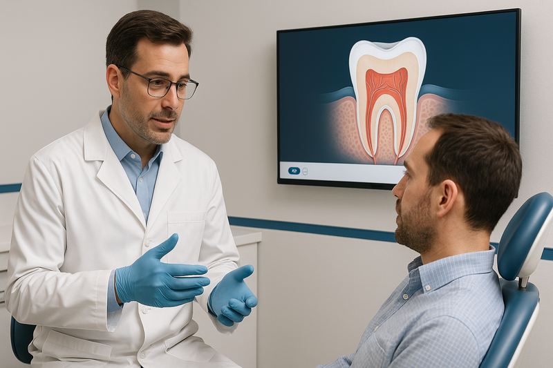 Dentist explaining tooth anatomy and nerves with digital cross-section, aiding teeth whitening for sensitive teeth discussion