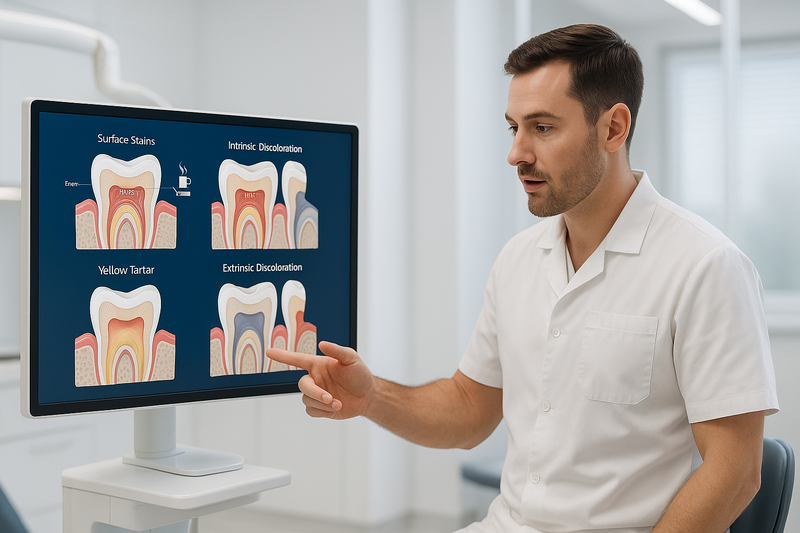 Dentist explaining how to fix yellow teeth with visuals of enamel, stains, and tartar buildup