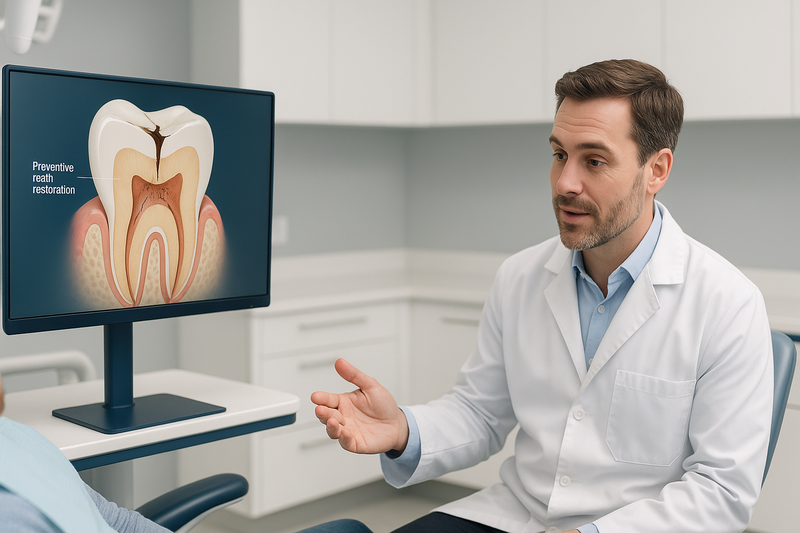 Dentist demonstrating preventive resin restoration procedure with digital molar model highlighting early decay and resin in a modern dental clinic.