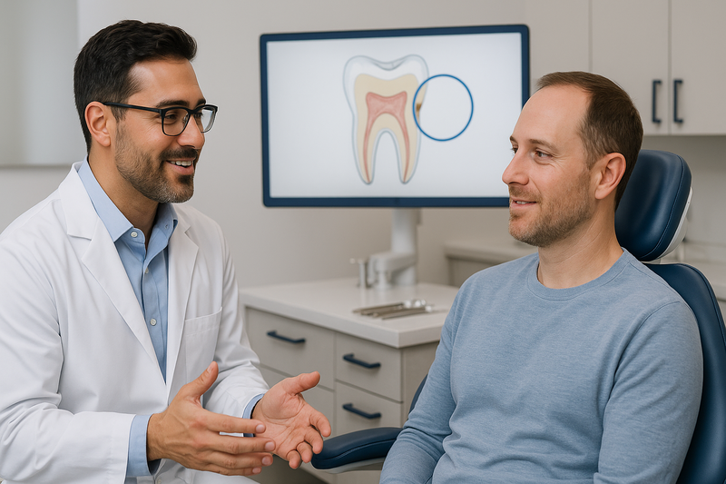 Dentist in Marina del Rey explains early cavity using a digital monitor featuring enamel breakdown, exemplifying preventive restoration code marina del rey.