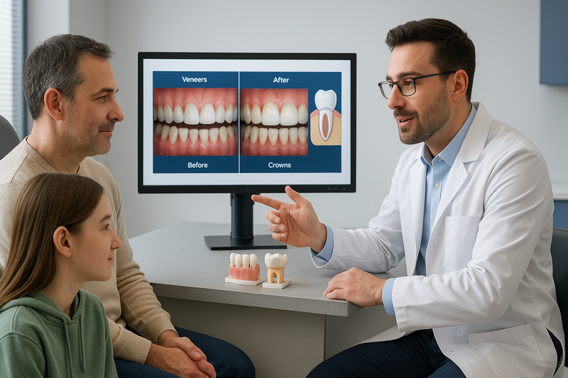 Dentist explaining how to fix yellow teeth with digital simulations of veneers and crowns during a professional consultation
