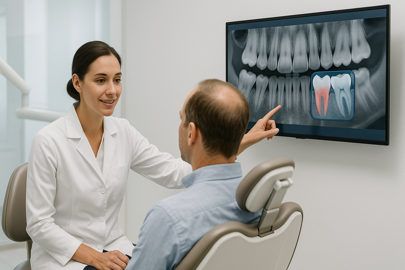 Dentist consulting adult patient on digital X-ray showing enamel health and gum recession for teeth whitening for sensitive teeth