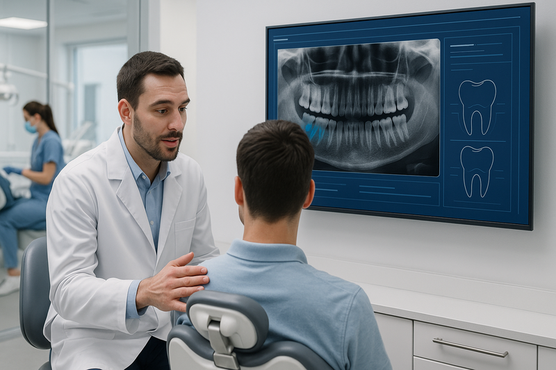 Dentist reviews dental X-rays with a patient, highlighting gum recession and enamel erosion in a modern clinic using best teeth whitening products guidance