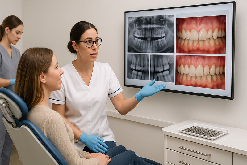 Dentist consults adult patient with dental X-rays showing gum recession and enamel wear, illustrating best whitening for sensitive teeth safety.