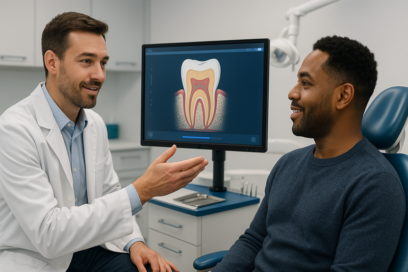 Dentist explains tooth layers and best teeth whitening products to a patient using a digital screen showing enamel, dentin, and nerve anatomy.