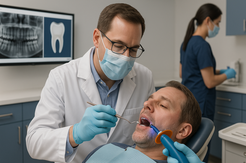 Dentist precisely applying composite resin during cosmetic dental bonding in a modern clinical setting