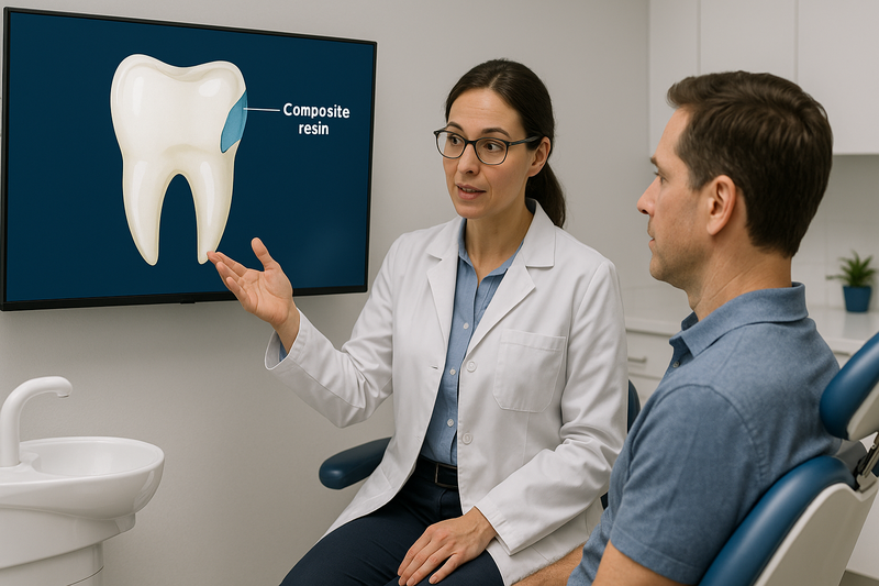 Dentist explaining cosmetic dental bonding procedure with composite resin diagram to a patient in a modern clinic