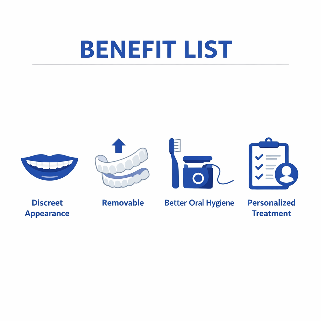 Infographic icons showing four benefits of clear aligners: discreet, removable, easy cleaning, and personalized treatment.