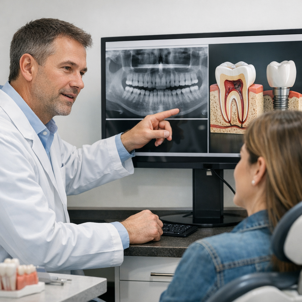 Dentist consulting patient using digital dental scans and treatment visuals in a modern clinic
