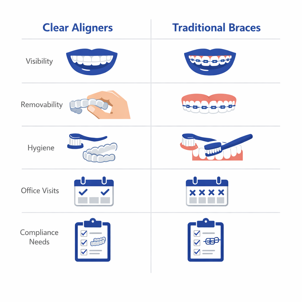 Infographic comparing clear aligners and traditional braces across five key features.