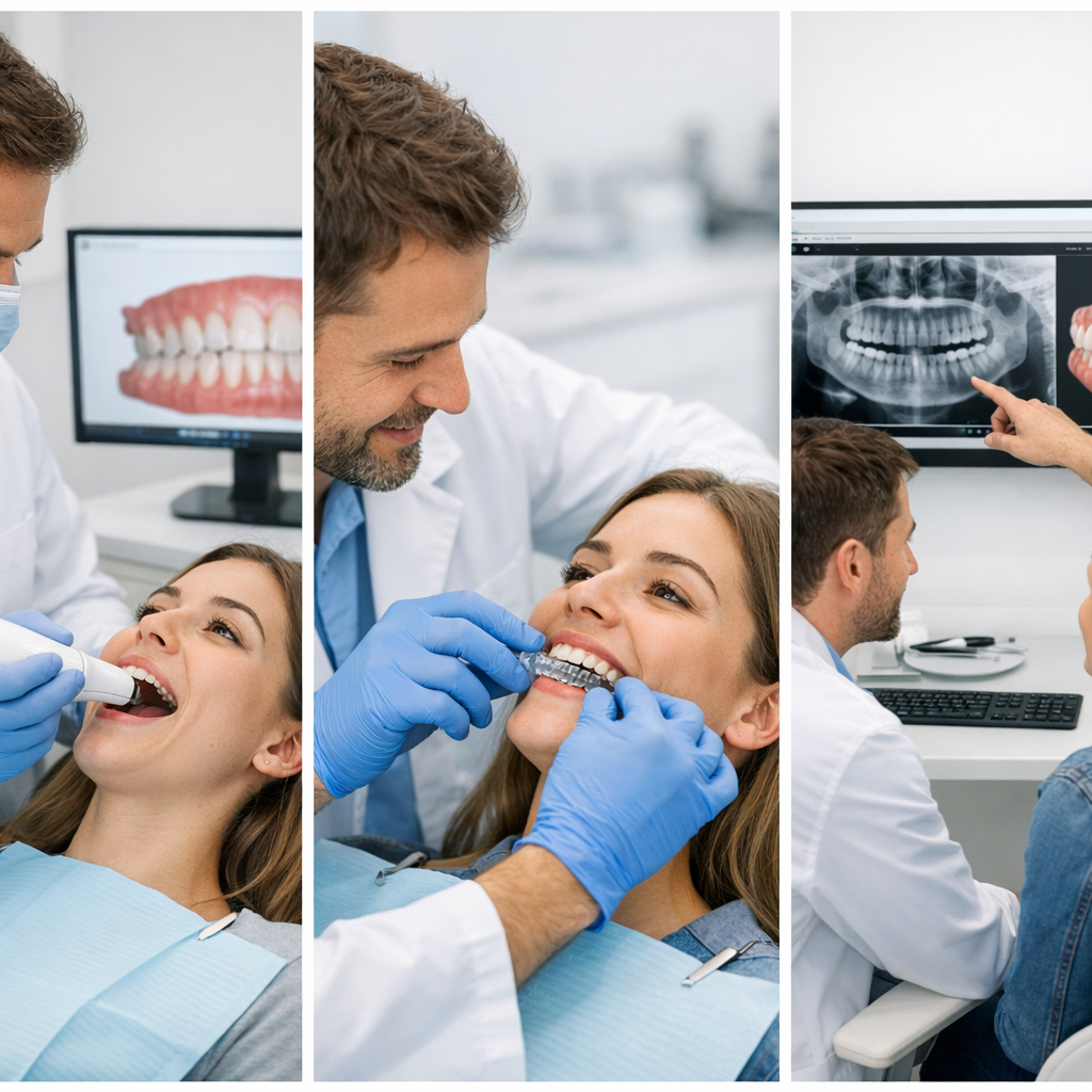 Modern dental clinic sequence with digital scanning, aligner fitting, and dentist reviewing X-rays with patient