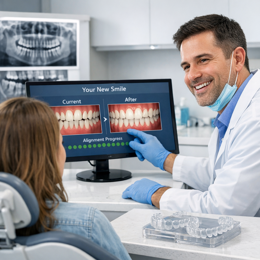 Dentist explains digital clear aligner treatment to patient with trays and dental X-rays visible in clinic
