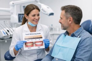 Home 6 Dentist consulting adult patient in modern dental clinic before professional teeth whitening procedure