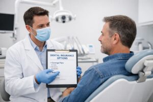 Home 4 Dentist and adult patient discussing dental insurance in a clean, modern clinic with bright, professional atmosphere