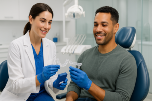 Dentist showing clear aligners to a smiling patient in a modern dental office.