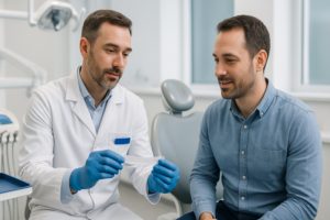 Dentist discussing treatment options with a patient in a modern dental office.