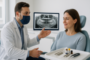 Dentist discussing an X-ray with a patient in a dental office setting.