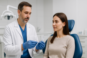 Dentist showing dental aligner to a patient in a dental office.