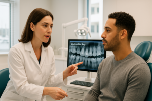 Dentist consulting with a patient, showing dental X-rays on a screen in a modern dental office.