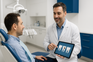 Dentist showing dental information on a tablet to a patient in a modern dental office.