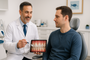 Blog 5 Dentist showing a digital image of teeth to a patient in a dental office in Marina del Rey.