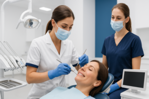 Dentist examining a patient in a dental office with a dental assistant nearby.
