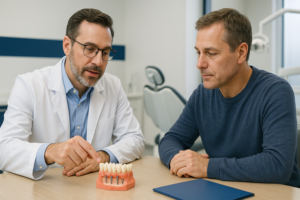 Dentist explaining dental implants to a patient using a model of teeth in a modern dental office.