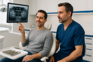 Dentist and patient reviewing an X-ray in a modern dental practice in Marina del Rey.