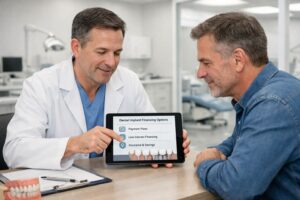 Home 2 Dentist and adult patient discussing dental implant financing in a bright, modern clinic consultation area